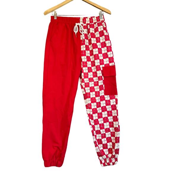 Romwe Cargo Jogger Pants Small Red Check Mixed Media Parachute Pull On Barb Wire - Picture 1 of 10